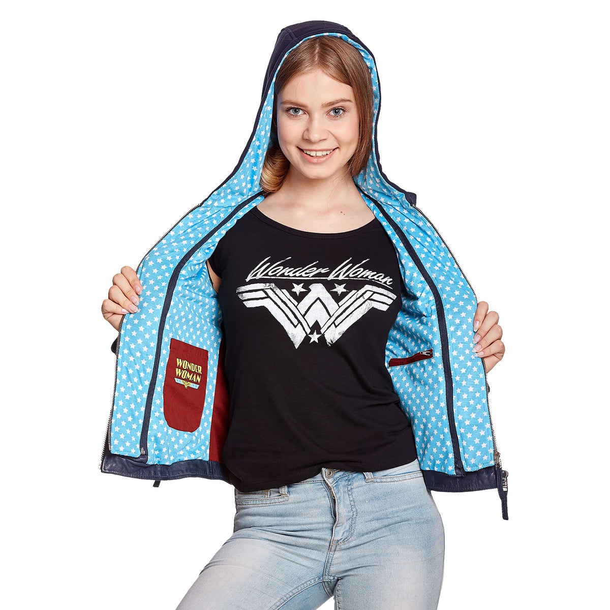 Produktbild Wonder Woman - Logo Lederjacke mit Kapuze blau