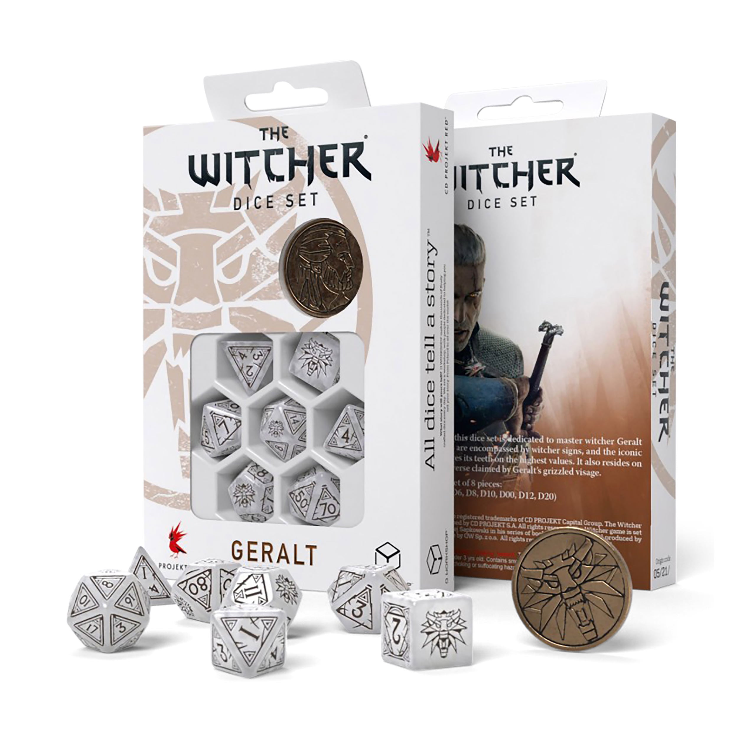 Produktbild Witcher - Geralt White Wolf RPG Würfel Set 7tlg mit Sammlermünze