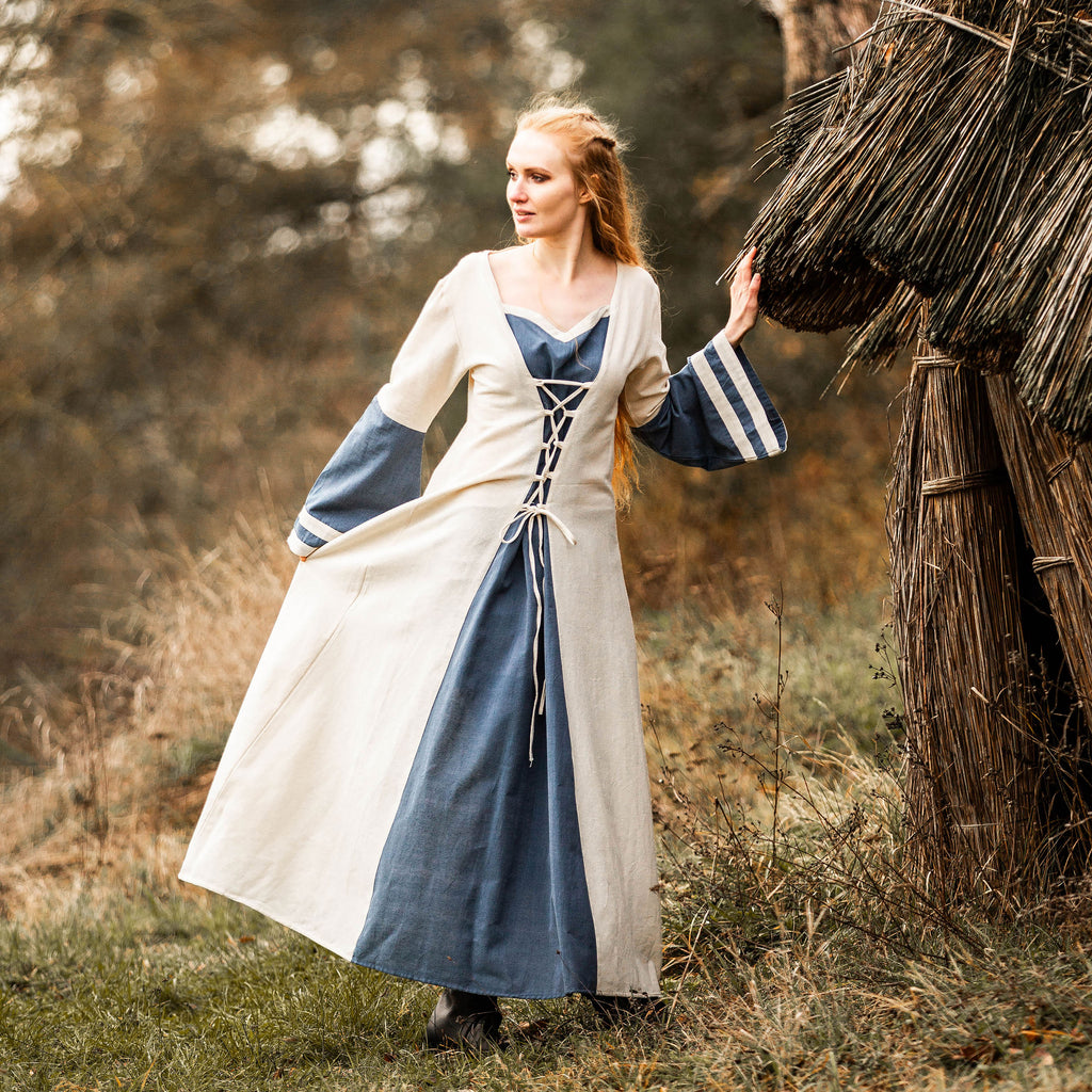 Produktbild Mittelalter Kleid mit Trompetenärmeln blau-natur