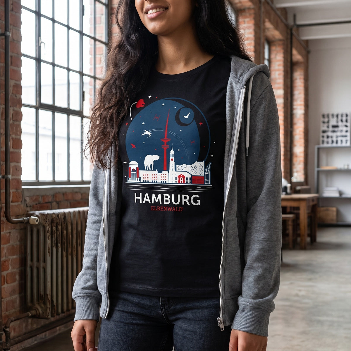 Produktbild Elbenwald in Hamburg Skyline T-Shirt schwarz