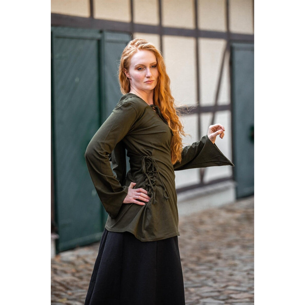 Produktbild Mittelalter Bluse Lea mit Kapuze und Schnürung grün