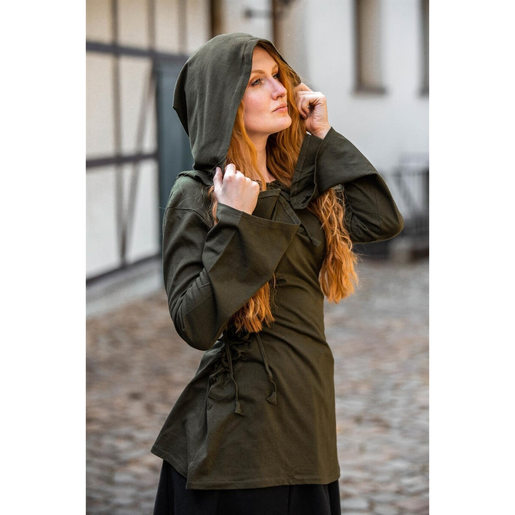 Produktbild Mittelalter Bluse Lea mit Kapuze und Schnürung grün