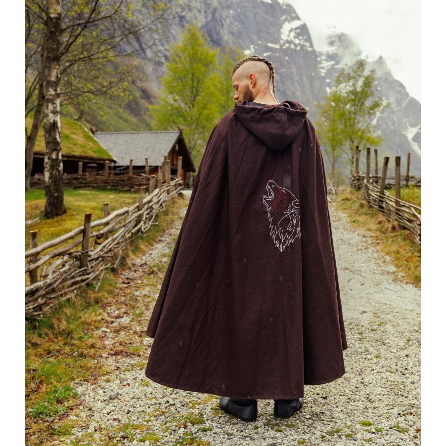Produktbild Mittelalter Wikinger Umhang Alpha mit Wolfsstickerei braun