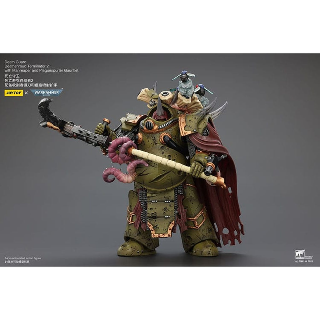 Produktbild Warhammer 40k Actionfigur 1/18 Death Guard Deathshroud Terminator 2 with Manreaper and Plaguespurter Gauntlet 14 cm