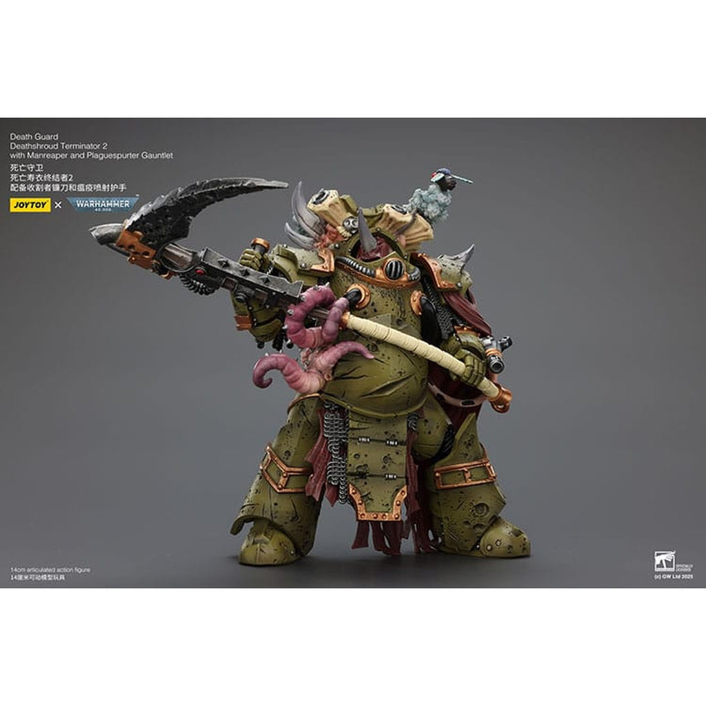 Produktbild Warhammer 40k Actionfigur 1/18 Death Guard Deathshroud Terminator 2 with Manreaper and Plaguespurter Gauntlet 14 cm