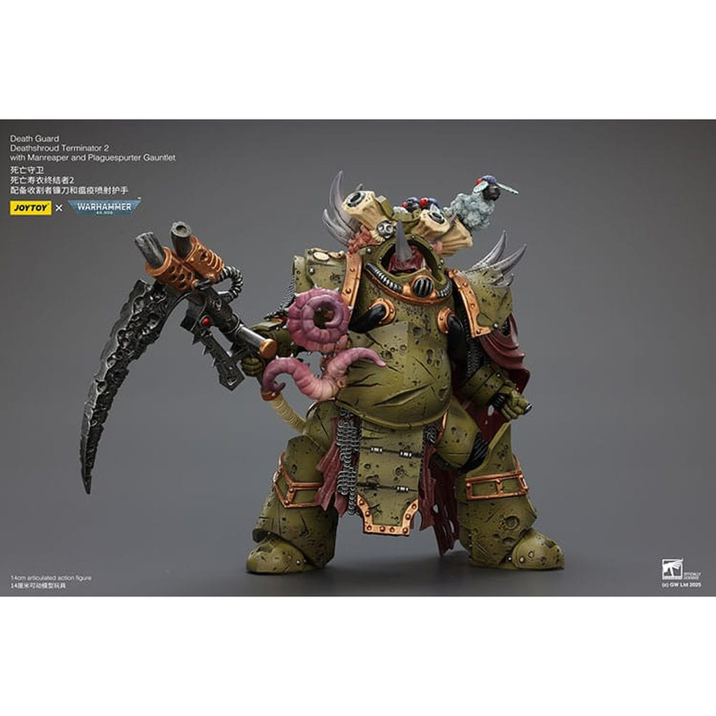 Produktbild Warhammer 40k Actionfigur 1/18 Death Guard Deathshroud Terminator 2 with Manreaper and Plaguespurter Gauntlet 14 cm