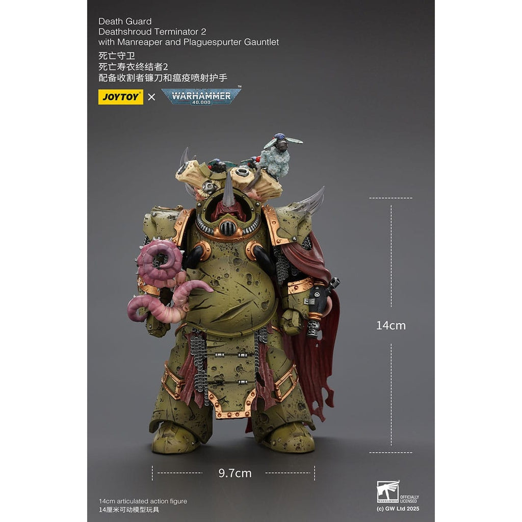 Produktbild Warhammer 40k Actionfigur 1/18 Death Guard Deathshroud Terminator 2 with Manreaper and Plaguespurter Gauntlet 14 cm