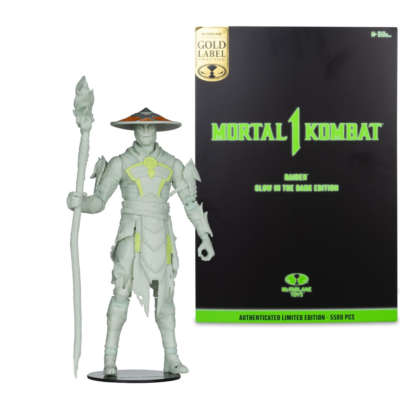 Produktbild Mortal Kombat Actionfigur Glow in the Dark Edition Raiden (Gold Label) 18 cm