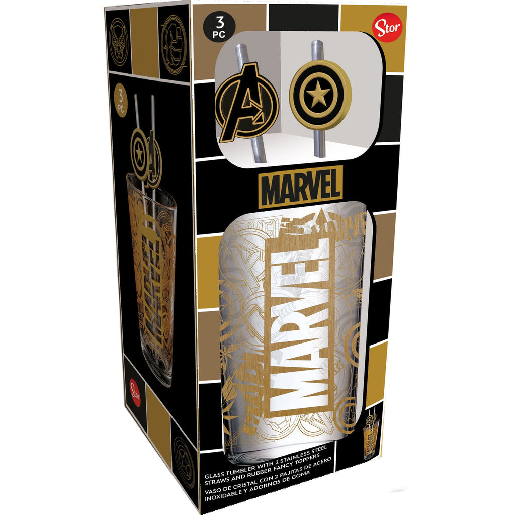 Produktbild Marvel Glas Tumbler mit Trinkhalmen Logo & Avengers 485 ml